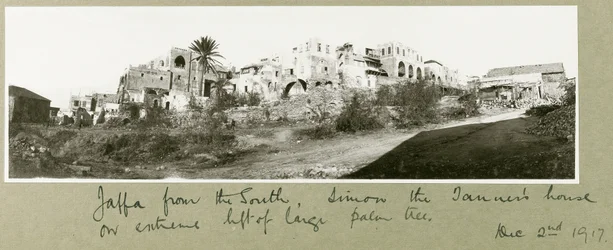 Jaffa vanuit het zuiden, het huis van Simon de Leerlooier links van de palmboom, 2 december 1917